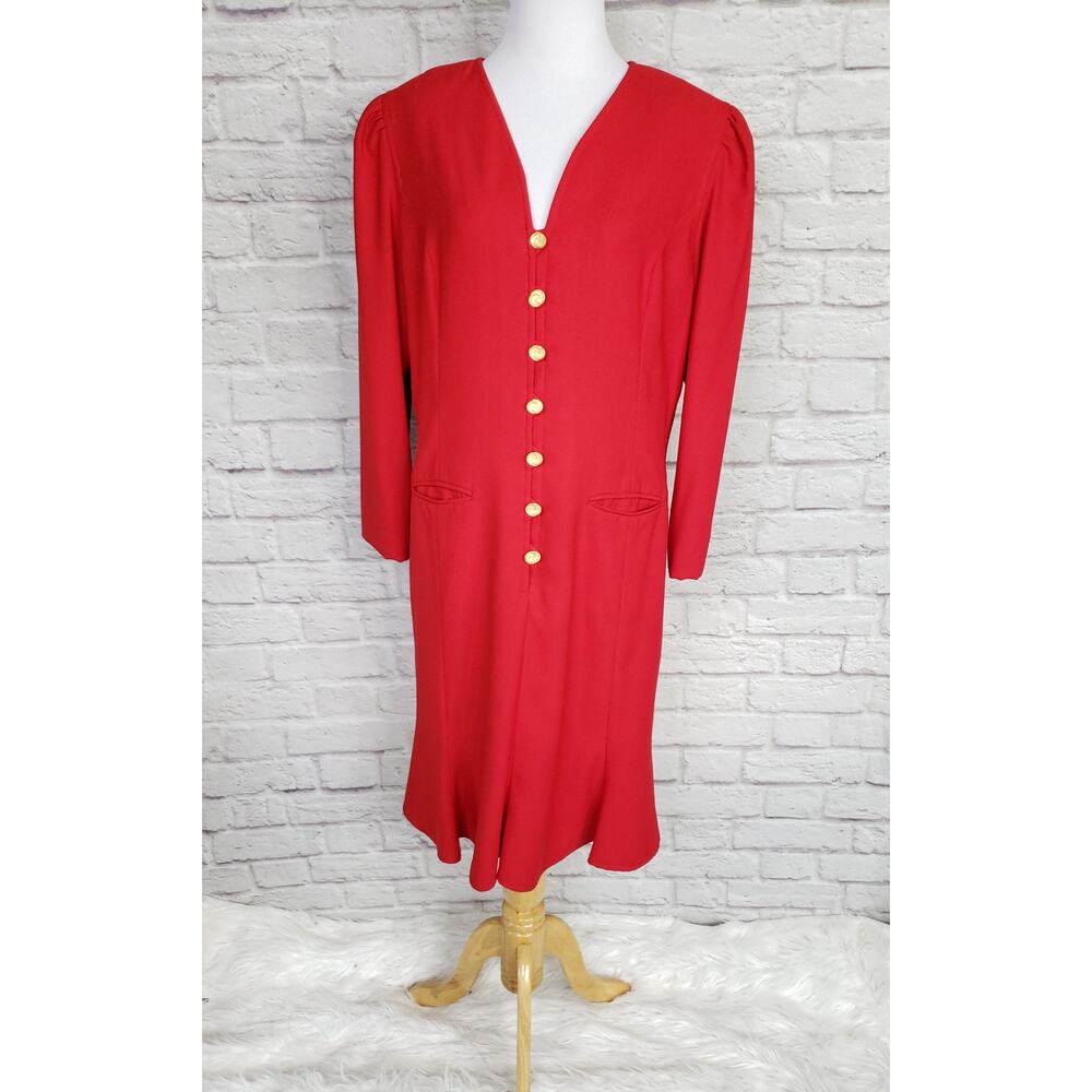 Vintage Jeannen Booher Red Dress Gold Button Front Long Sleeve Pockets Sz 14